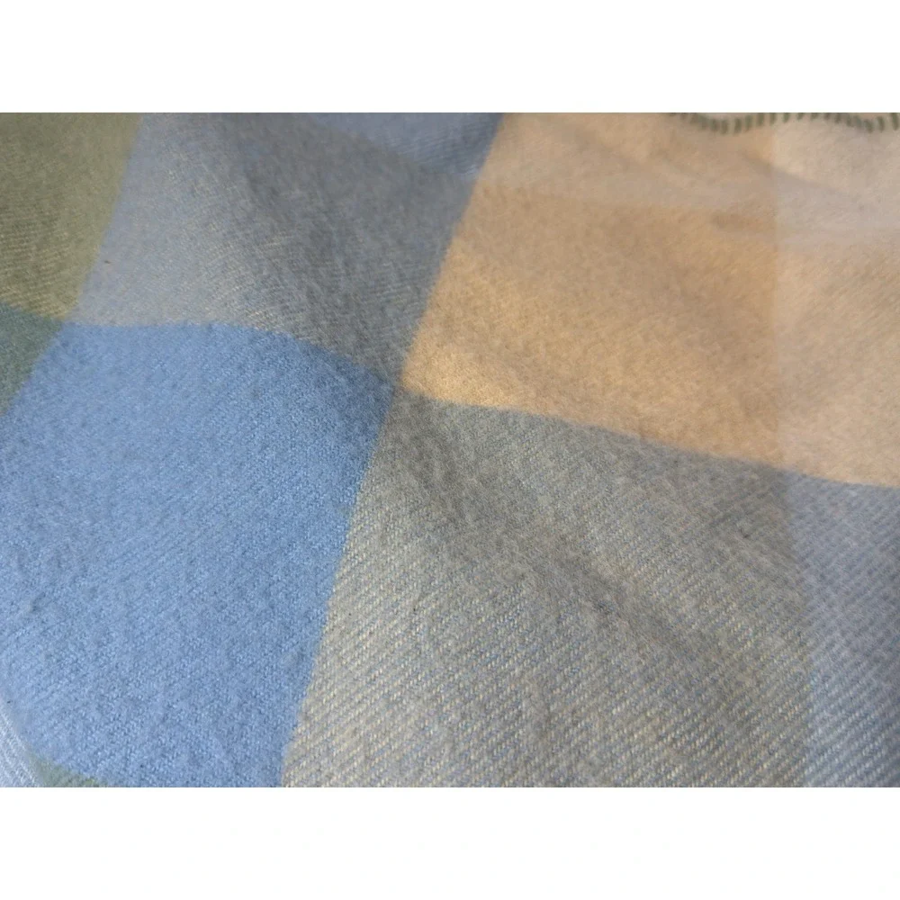 LL Bean Wool Blanket King Plaid Check Whipstitch Hem Blue Green Cream Lodge Camp